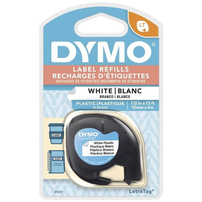 DYMO LetraTag Plastic Label Tape 12mm Black on White