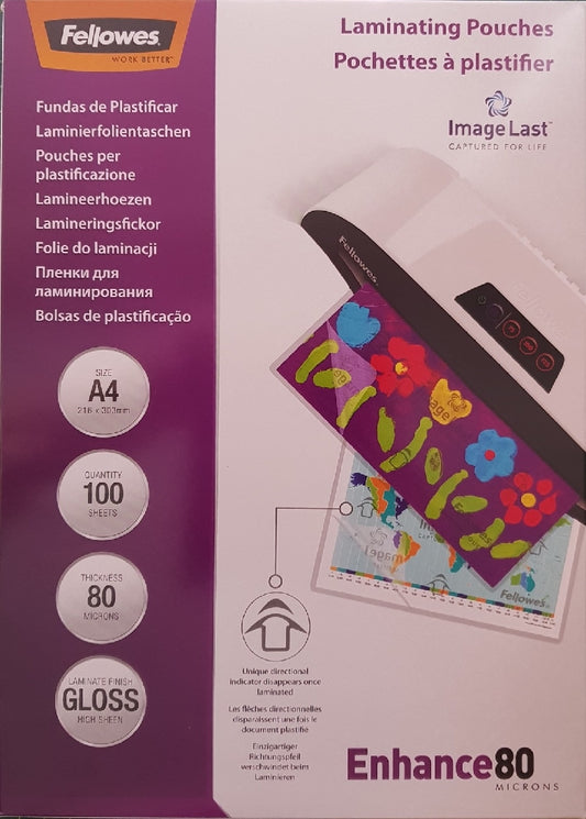 Laminating Pouch A4 80 Micron pack 100 Gloss Fellowes