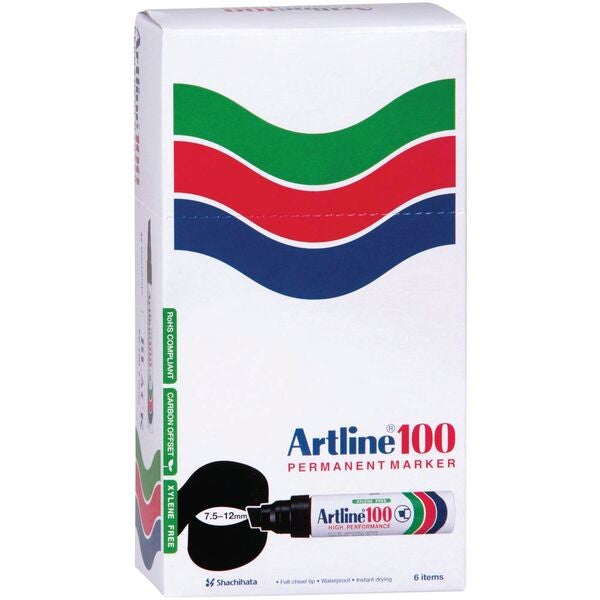 Artline 100 Permanent Marker Black 6 Pack