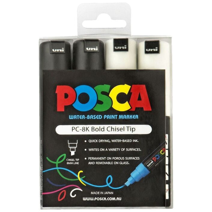 Uni POSCA PC 8K Paint Markers Black/White 4 Pack