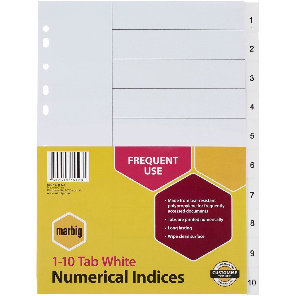 Dividers Marbig 1-10 Tab White PP