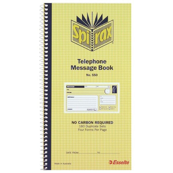 Spirax No. 550 Carbonless Telephone Message Book