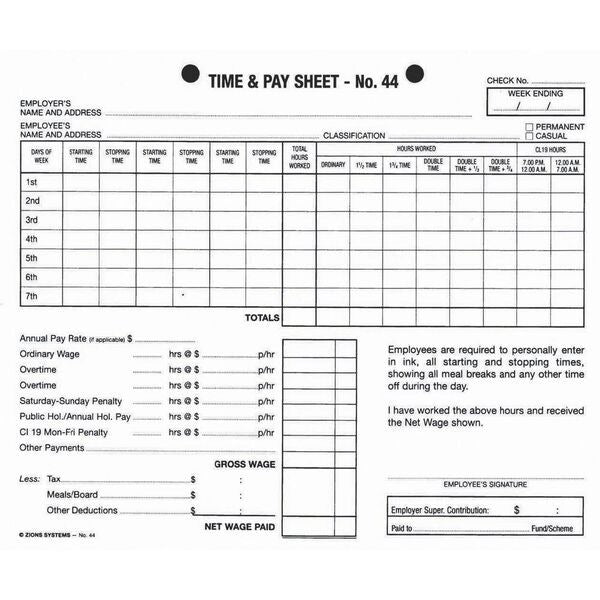 Zions No. 44 Time and Pay Sheets 100 Pack