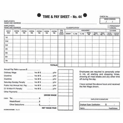 Zions No. 44 Time and Pay Sheets 100 Pack