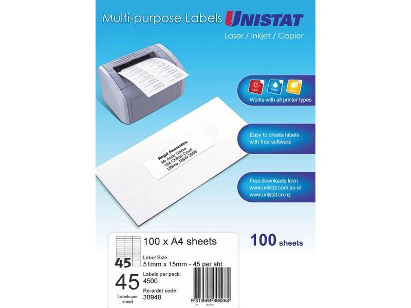 Label Unistat Laser/Inkjet/Copier 45 Per Sheet Pack 100