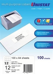 Label Unistat Laser/Inkjet/Copier 12 Per Sheet Pack 100