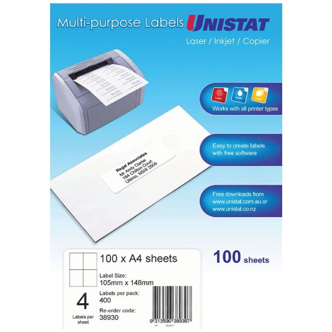 Label Unistat Laser/Inkjet/Copier 4 Per Sheet Pack 100