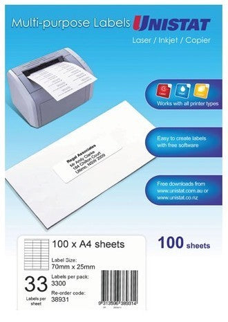 Label Unistat Laser/Inkjet/Copier 33 Per Sheet Pack 100