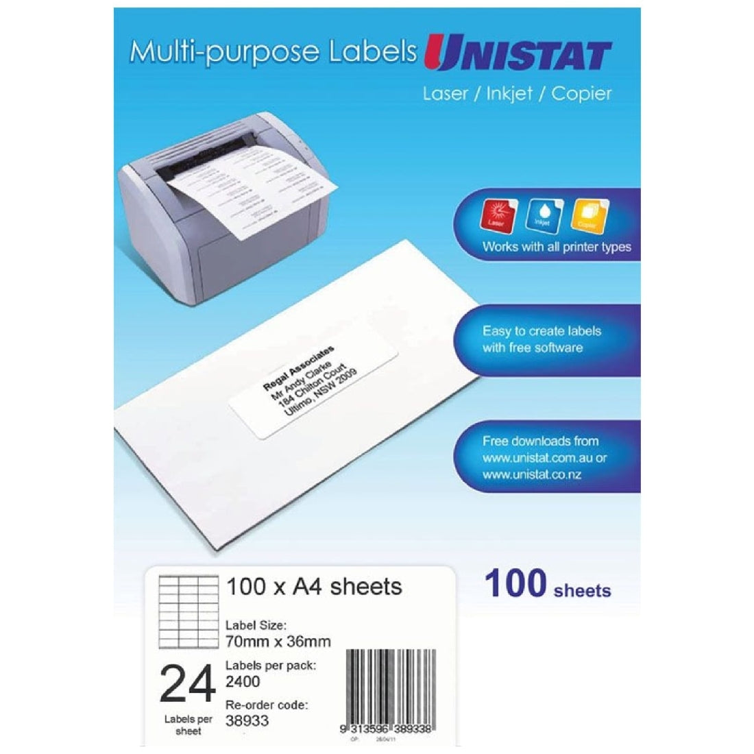 Label Unistat Laser/Inkjet/Copier 24 Per Sheet Pack 100