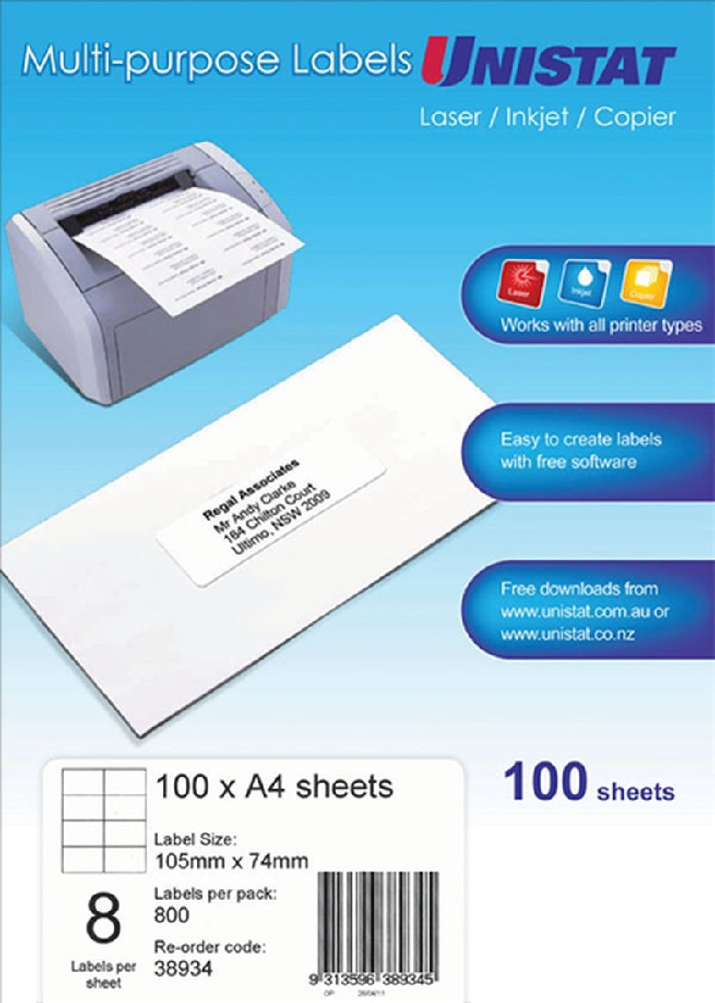Label Unistat Laser/Inkjet/Copier 8 Per Sheet Pack 100