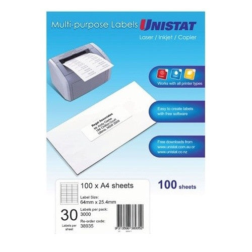 Label Unistat Laser/Inkjet/Copier 30 Per Sheet Pack 100
