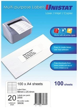 Label Unistat Laser/Inkjet/Copier 20 Per Sheet Pack 100