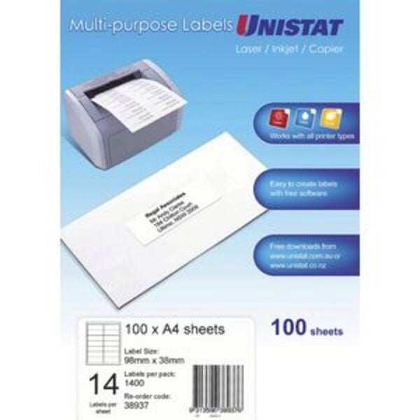 Label Unistat Laser/Inkjet/Copier 14 Per Sheet Pack 100