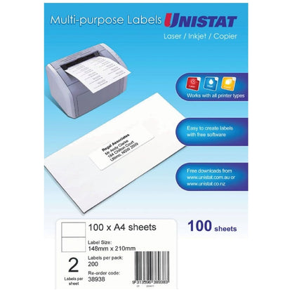 Label Unistat Laser/Inkjet/Copier 2 Per Sheet Pack 100