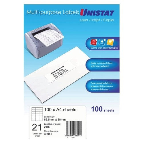 Label Unistat Laser/Inkjet/Copier 21 Per Sheet Pack 100