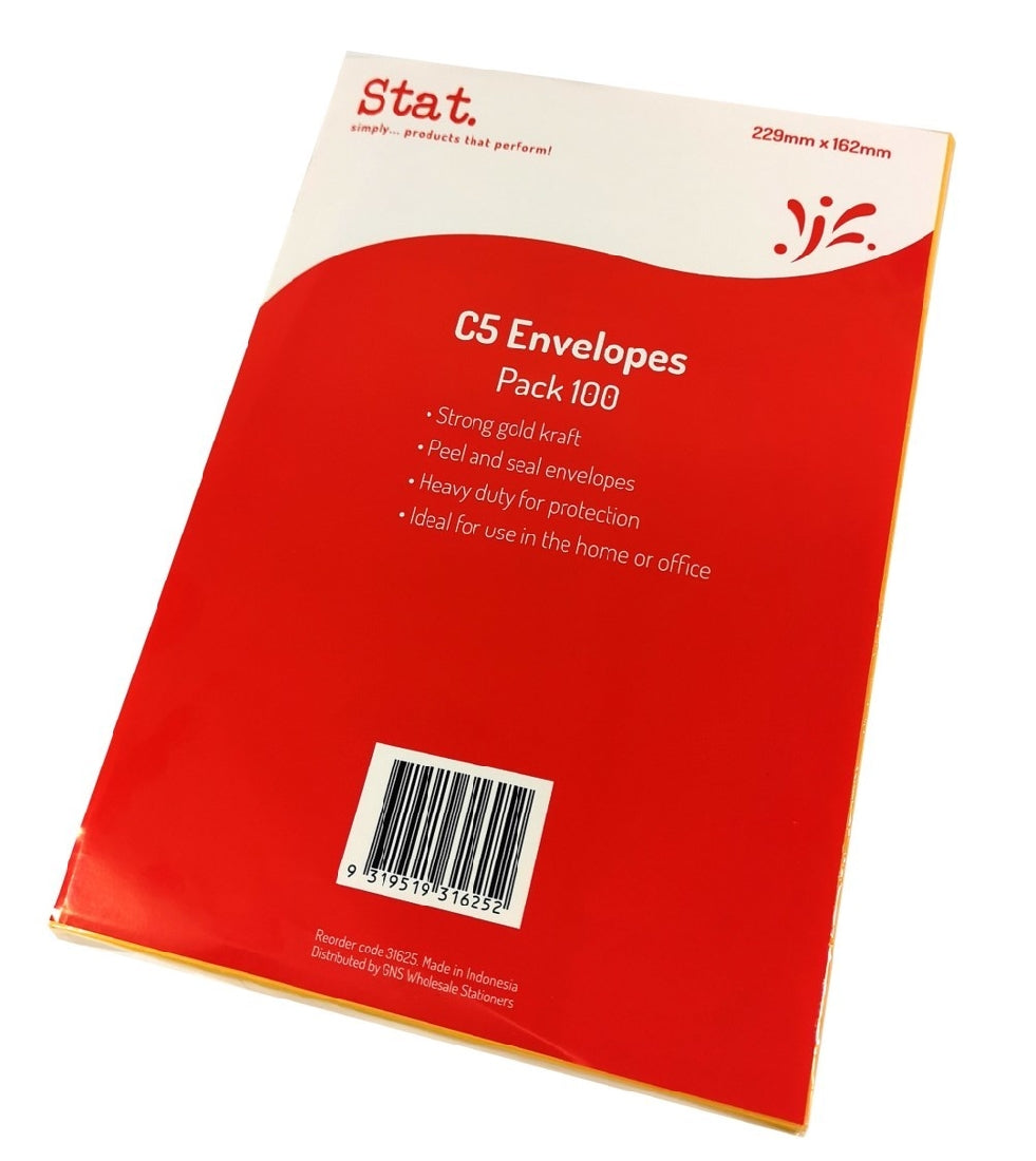 C5 Envelopes - STAT - Peel/seal - Kraft/Gold - Pack of 100